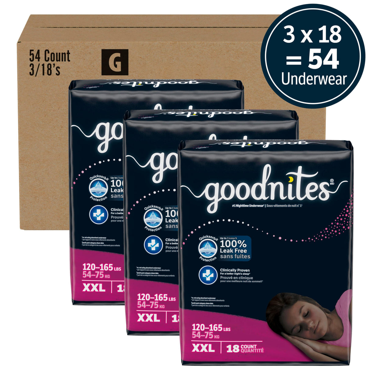 Goodnites Girls' Nighttime Underwear, Size XXL (120-165 lbs), 54 Ct, Packaging May Vary