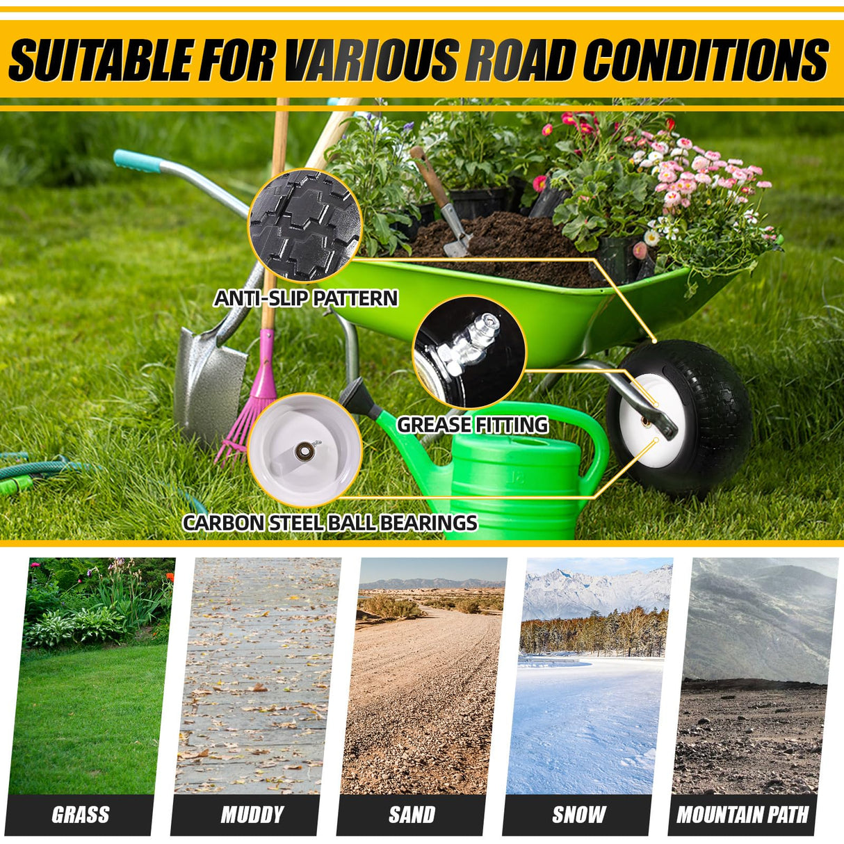 MZREXN 14.5" Flat-Free Wheelbarrow Tire and Wheel 4.00-8" Solid Tire