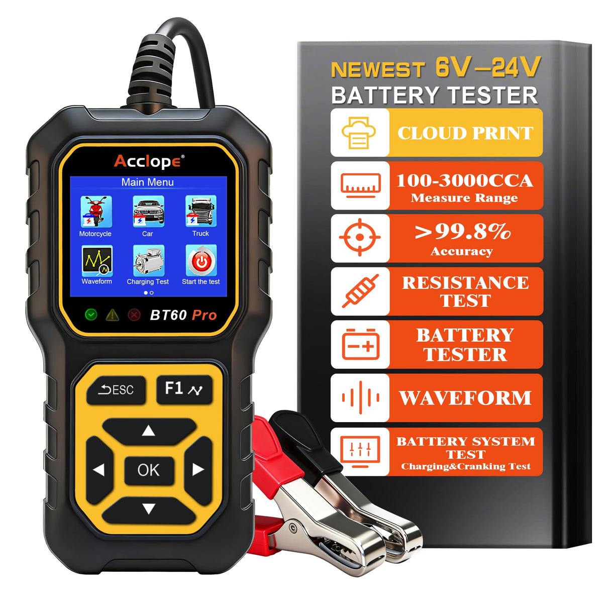 Acclope BT60 Pro Car Battery Tester, Digital Analyzer with Cloud Printing, 100-3000 CCA Range for 6V/12V/24V AGM, Lithium, Gel Batteries, Automotive Charging System