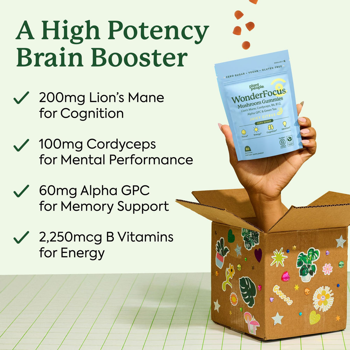 Plant People WonderFocus Mushroom Gummies with Lion’s Mane & Cordyceps - Nootropic Brain Supplement Boosts Memory, Focus, Energy & Mood in Adults | No Sugar, 100% Vegan, Citrus Flavor, 60 Count