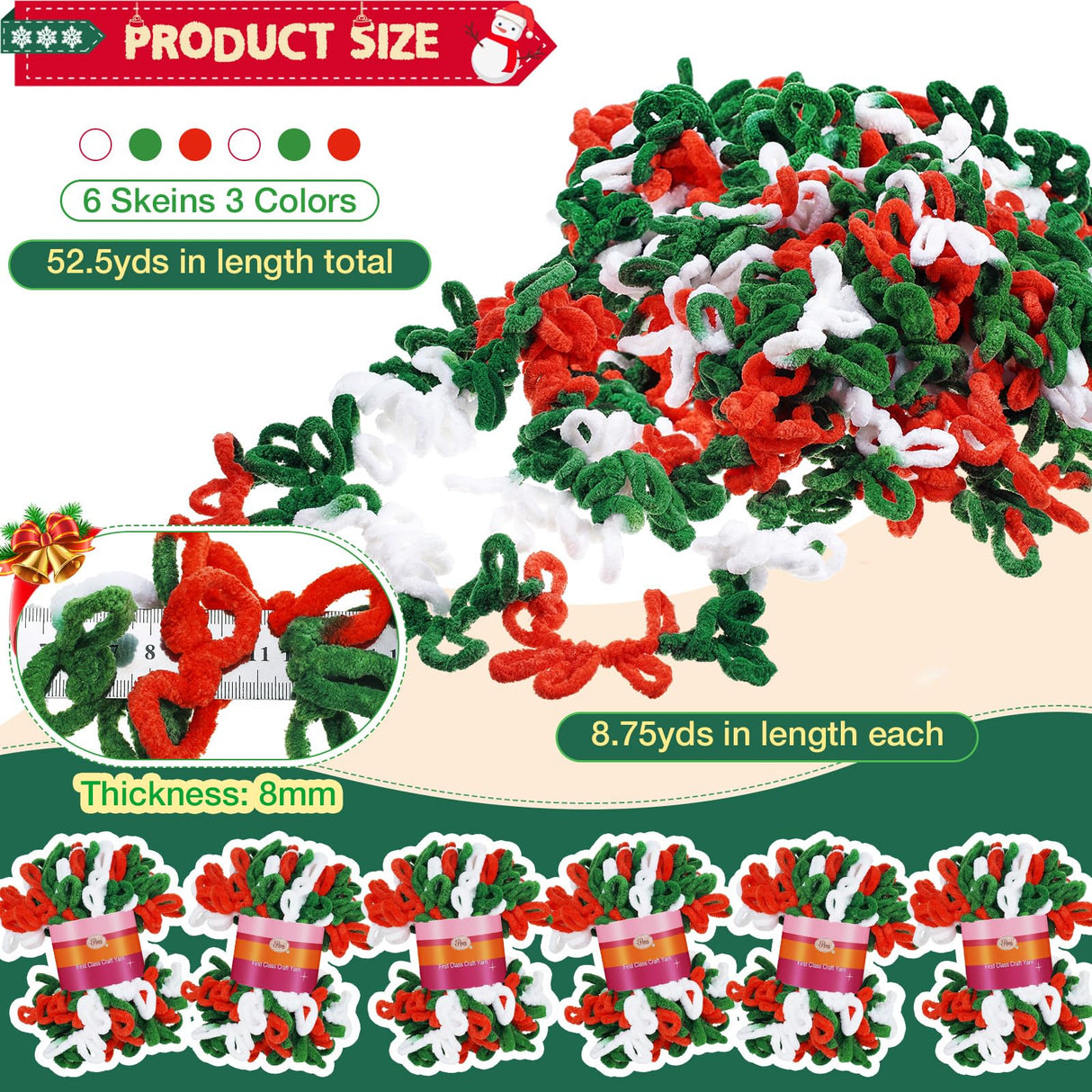 Threlaco 6 Skeins Christmas Loop Yarn Finger Loops Yarn Bulk Soft Chunky Yarns 600 g for Christmas Yarns Beginners Knitting No Needles or Hooks Crochet Gift Craft (Red, White, Green)