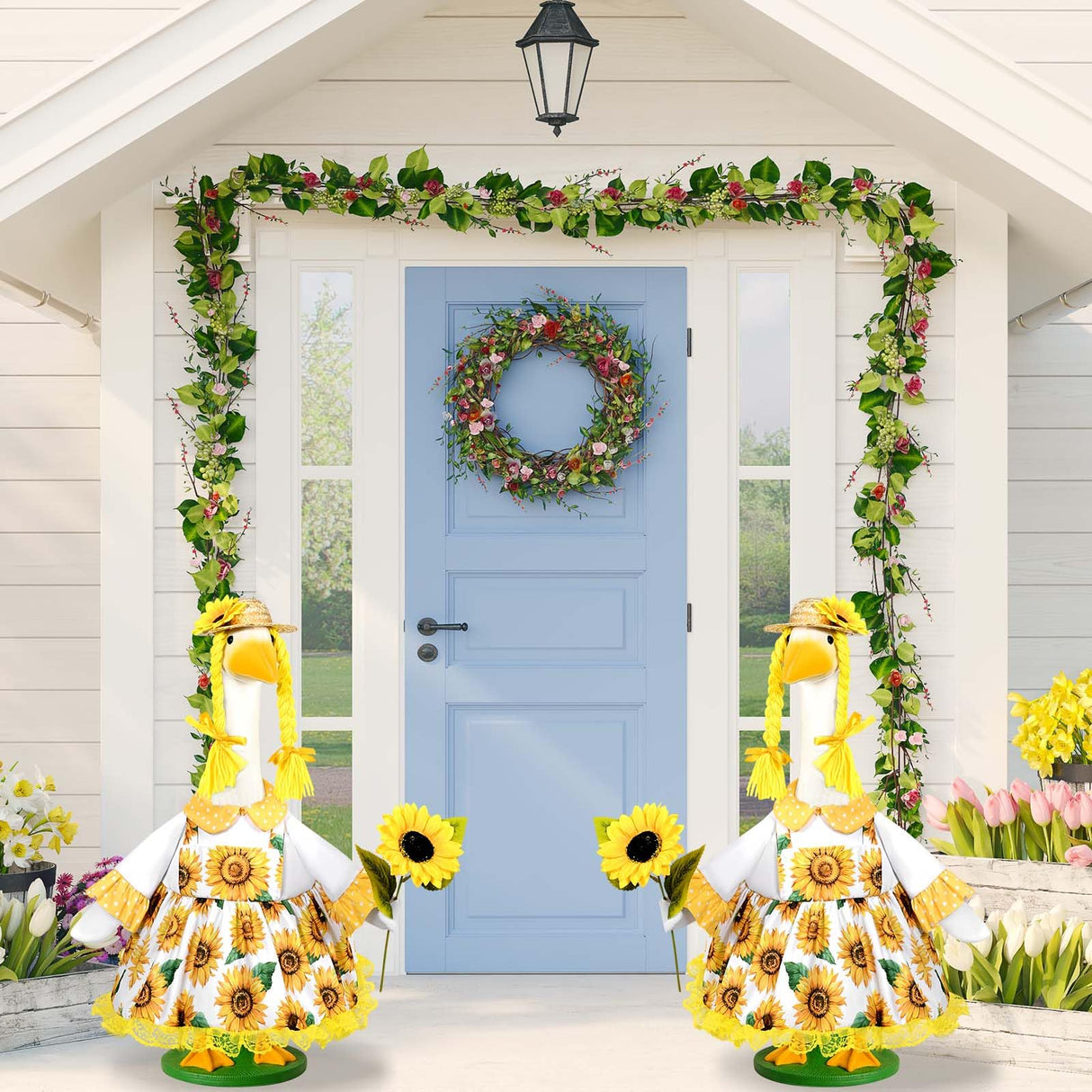 JcHrmers Sunflower Goose Outfit Sunflower Dress and Straw Hat Porch Goose Clothes Fits 23" Cement or Plastic Goose Statue for Spring Summer Outdoor Garden Lawn Yard Patio Decor
