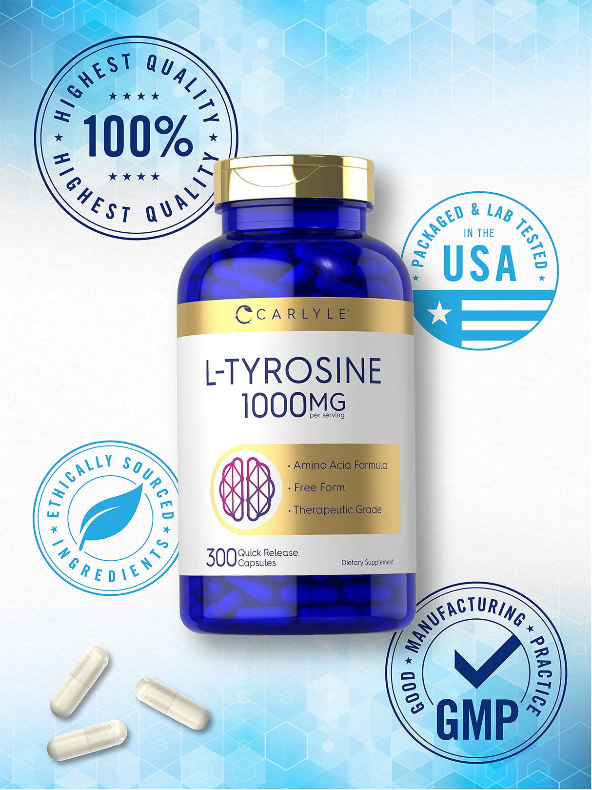 Carlyle L Tyrosine Capsules 1000mg | 300 Count | Therapeutic Grade | for Men and Women | Non-GMO & Gluten Free Supplement
