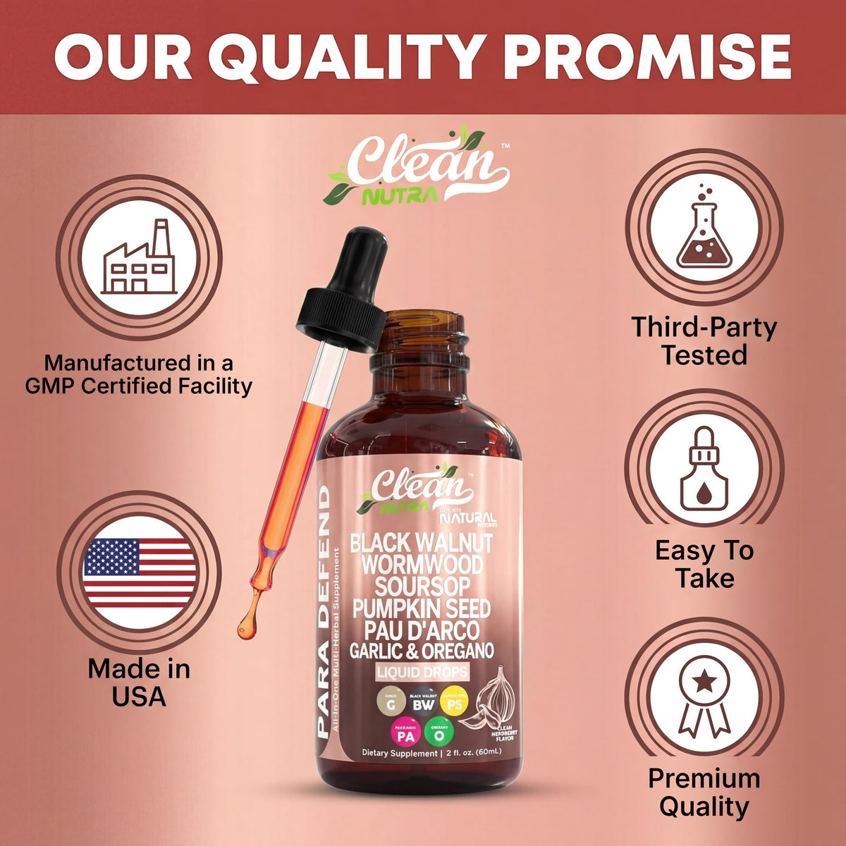 para Defend Wormwood Black Walnut Digestive Support Drops Liquid Soursop Garlic Pumpkin Seed PAU D'Arco Oil of Oregano Turmeric Berberine Neem Extract Hull Bark Tincture by Clean Nutra