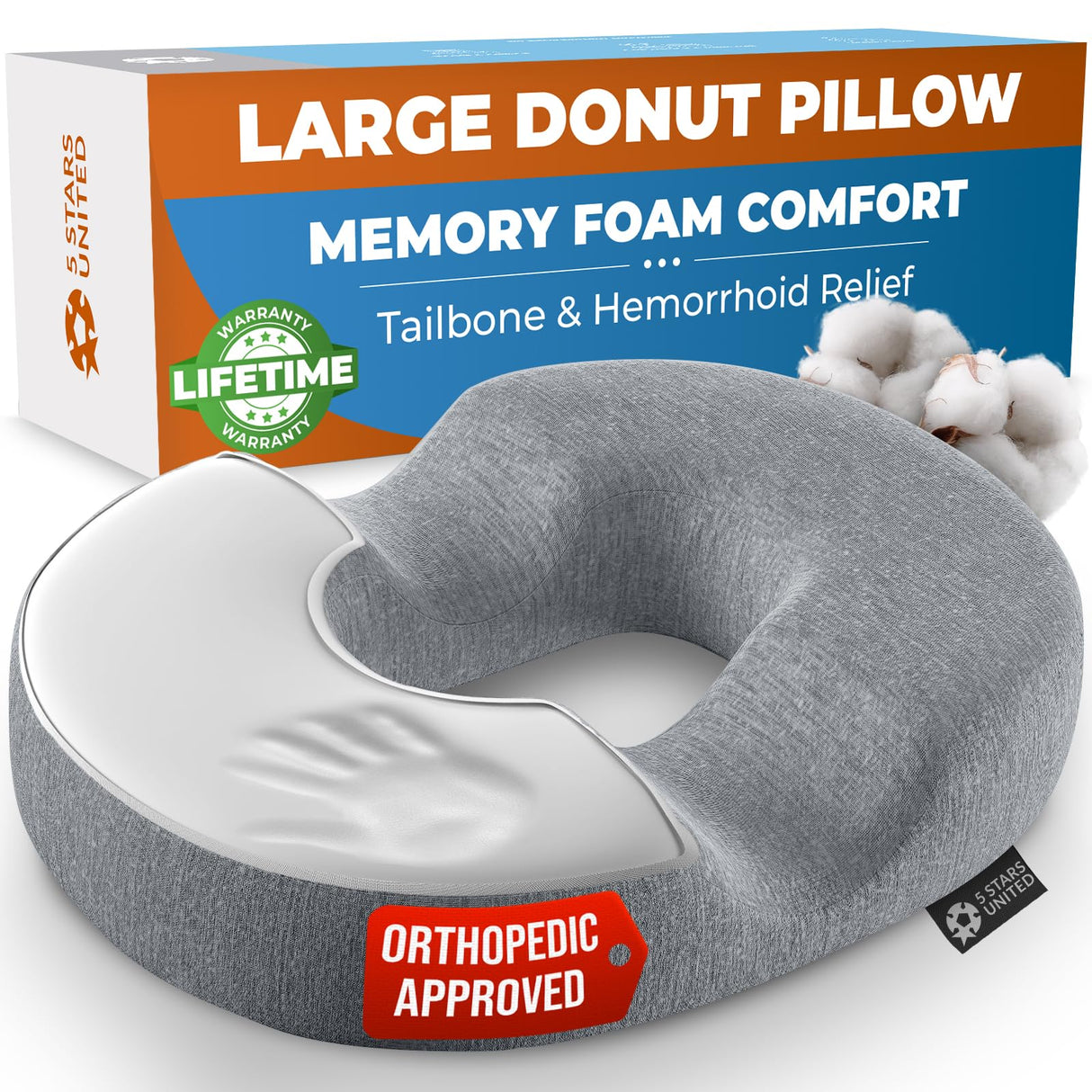 5 STARS UNITED Donut Pillow Hemorrhoid Tailbone Cushion – Large Cushion for Pain Relief – Coccyx, Prostate, Sciatica, Pelvic Floor, Pressure Sores, Pregnancy, Postpartum Recovery, Gray