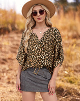 Bebonnie Leopard Print Tops for Women: Womens 3/4 Sleeve Fancy V Neck Work Formal Peasant Blouses Dressy Casual Shirts Flowy Holiday Christmas Outfits Loose Fit Tunic Tops Black Leopard XXL