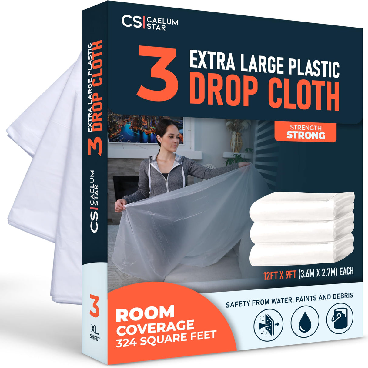 Caelum Star 3 Pack 12x9 ft Extra Large Plastic Drop Cloth for Painting, Furniture Covers, Painters Plastic Cover, Clear Paint Tarp, Floor Protector, Disposable Paint Drop Cloth, 55% Recycled