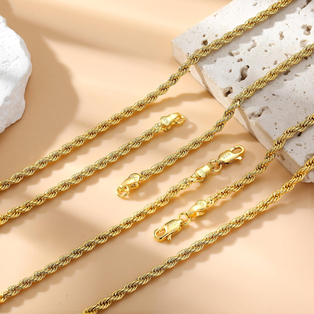 Goldegg Gold Bracelets for Women, 925 Sterling Silver 3MM Rope Bracelets