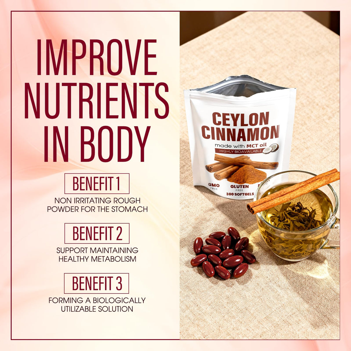 BnPnCn Lirae Ceylon Cinnamon Softgels,300 Softgels Equivalent with Mct Oil,Extra Strength Cinnamon Supplements,Non-GMO, Gluten Free (1)