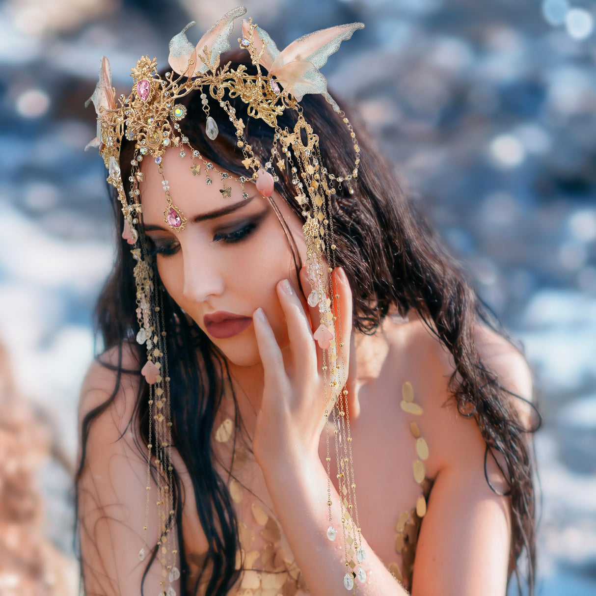 FRESHME Renaissance Butterfly Elf Fairy Crown - Fairy Headband with Pink Butterfly Wings Elf Headpiece with Tassel Elven Tiara Wedding Renfaire Dress Up Cosplay Christmas Accessories for Women