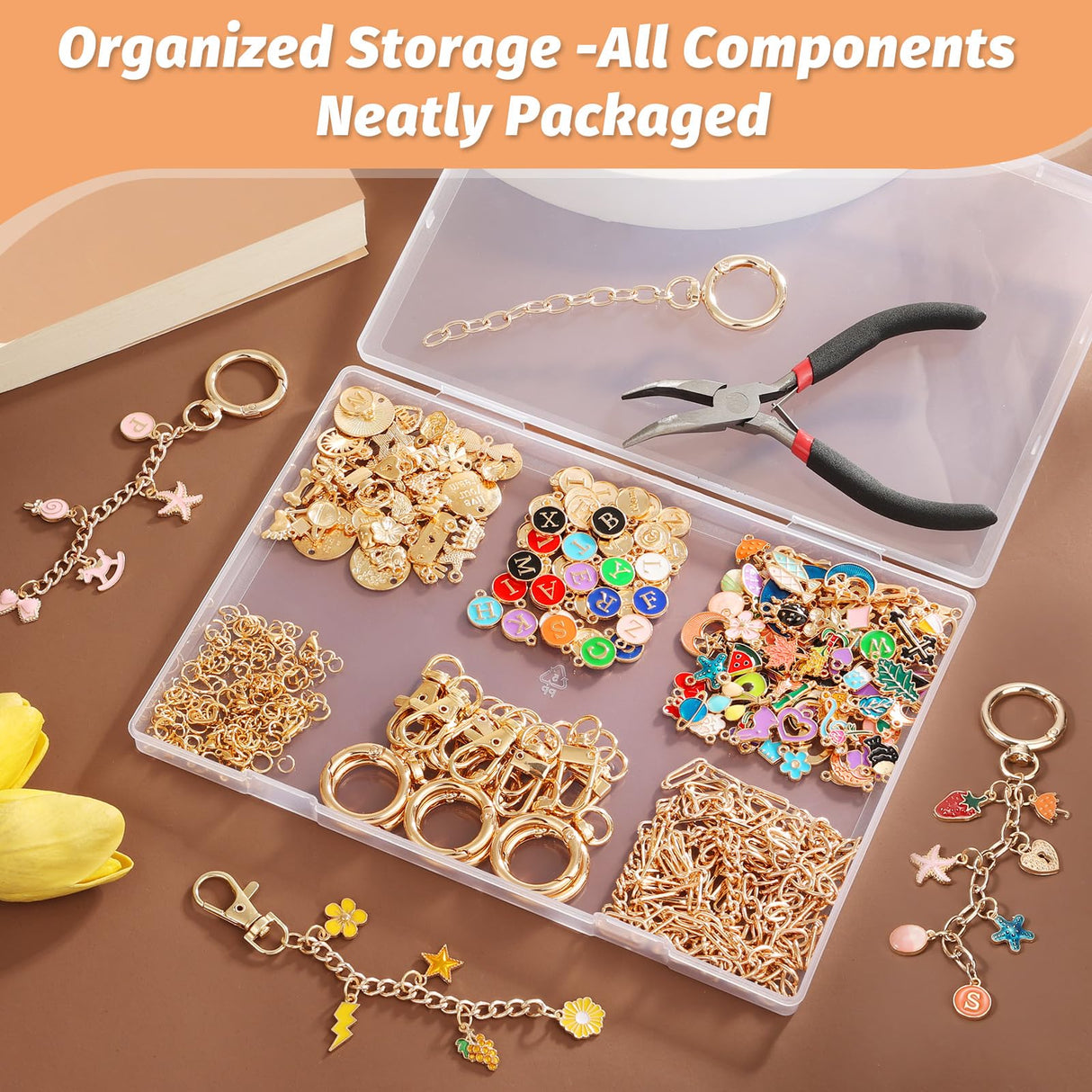 500Pcs Charms Lip Gloss Keychain Making Kit, DIY Craft Supplies with Charms, Key Chain Hooks, Jump Rings, Lobster Clasps, Chains & Tools, Jewelry Making Kit for Custom Keychains, Christmas Gifts