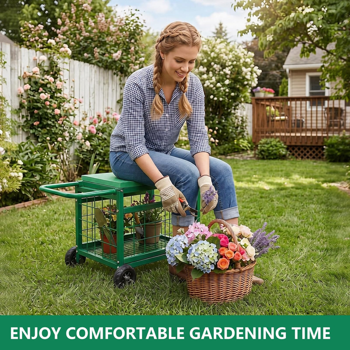 Garden Seat with Wheels, Rolling Garden Stool Heavy Duty Gardening Cart with Seat and 20 Quart Storage Space Use for Patio, Yard, and Outdoors