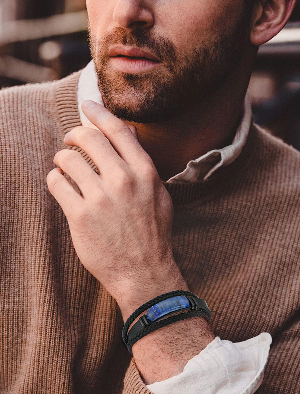 Starnny Lapis Lazuli Bracelets for Men Leather Black Bracelet