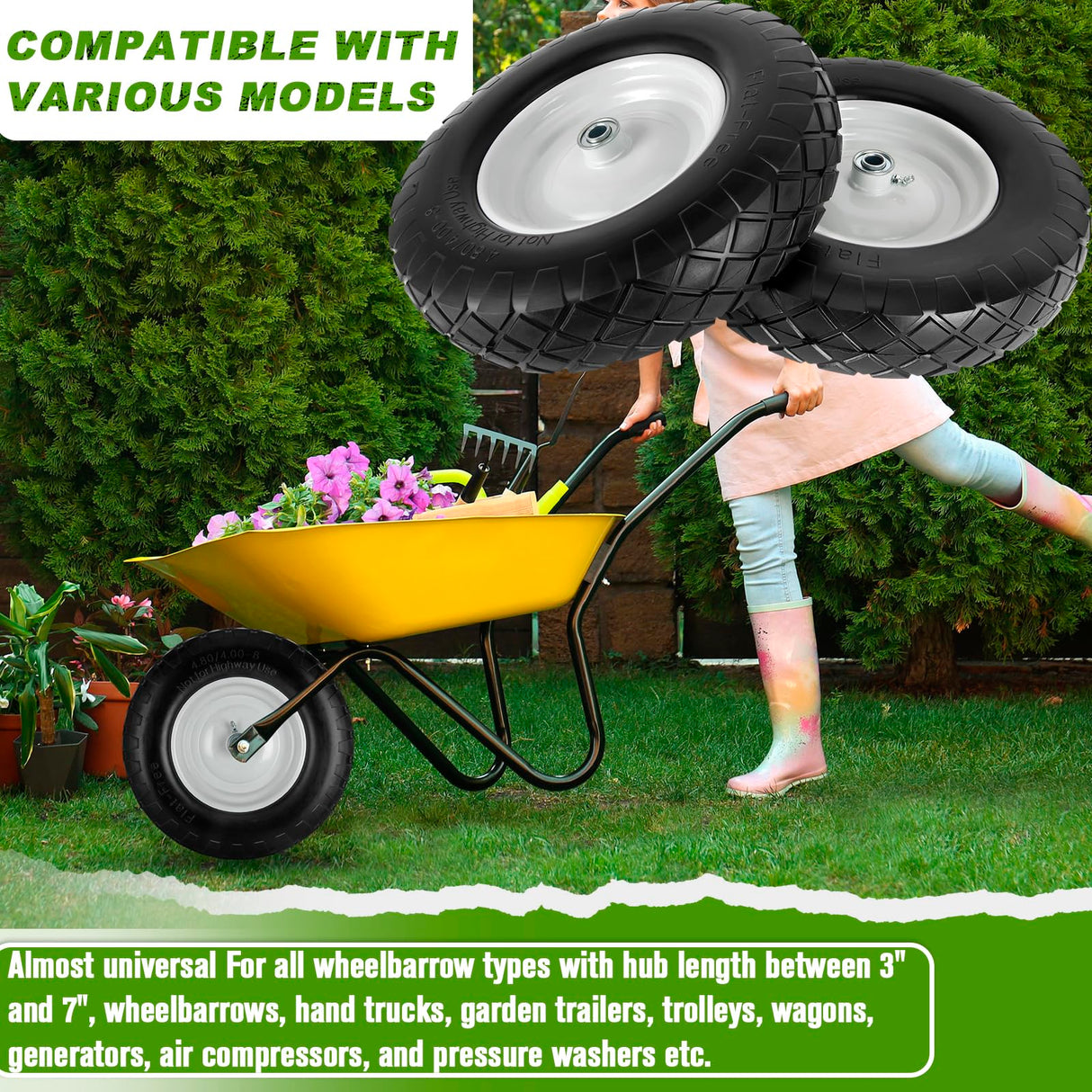 4.80/4.00-8 Tire and Wheel, 16" Flat Free Solid Wheelbarrow Tire with 5/8"&3/4" Bearings 3" Hub, 14"-16" Universal Fit Wheelbarrow Tires for Hand Truck/Garden Trailer/Trolley/Wagons