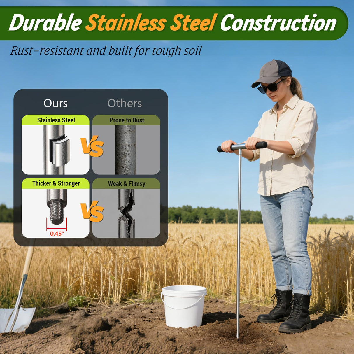 Soil Probe Rod, 33"-48" Septic Tank Locator Tool, Stainless Steel Probing Rod, Ground Probe Rod with T Handle, Ground Rod Tool for Soil Compaction, Gardening, Locating Underground Pipes & Gopher Runs