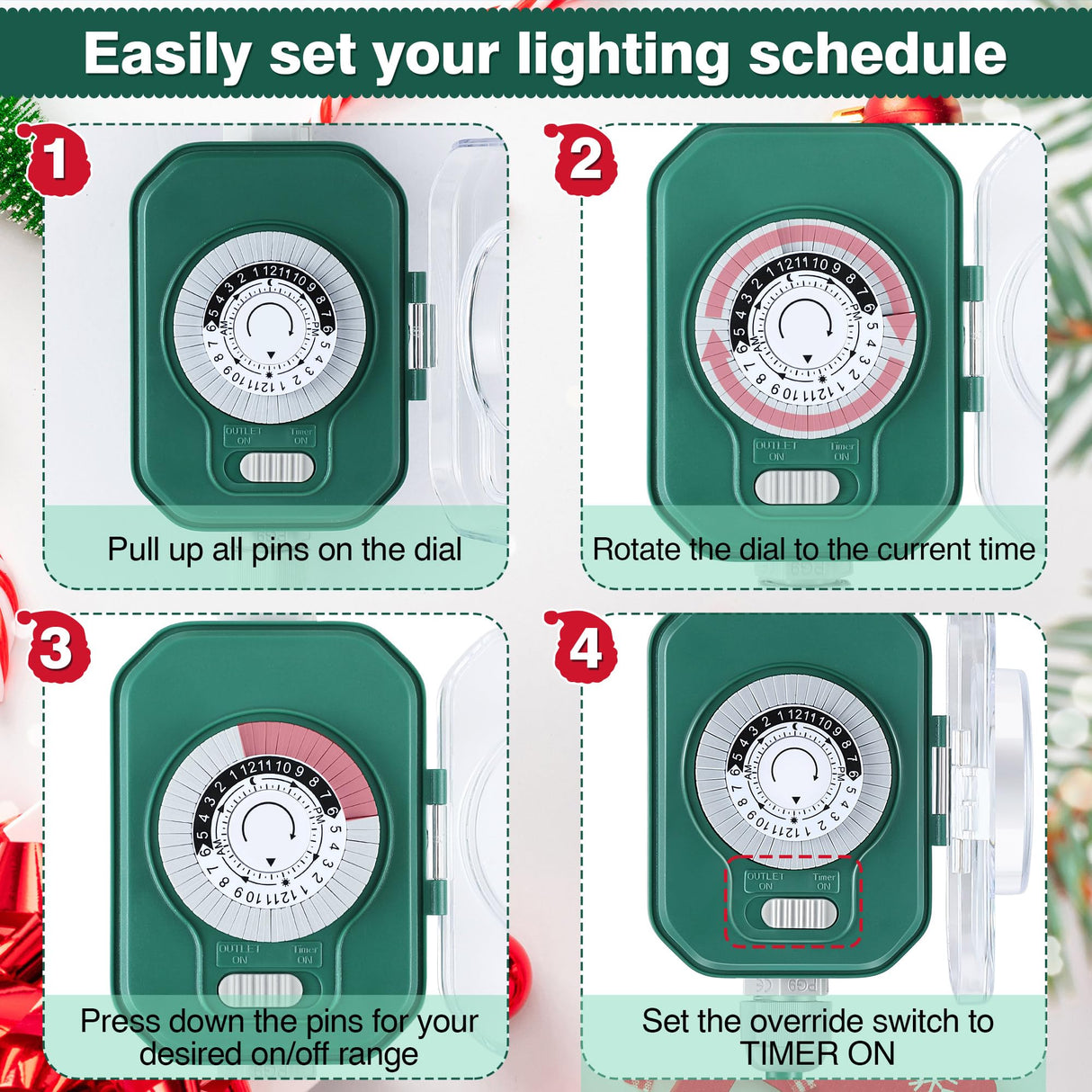 Feekoon 20 FT Outdoor Extension Cord with Timer 6 Outlets, 16AWG SJTW Heavy Duty Green Power Cord with Safety Cover Weatherproof Multiple Outlet Cable for Christmas Halloween Light Outdoor Decorations