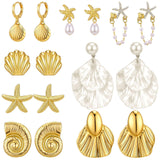 Nosiny 8 Pairs Beach Earrings for Women Gold Starfish Seashell Pearl Drop Shell Conch Earrings Summer Ocean Beachy Jewelry