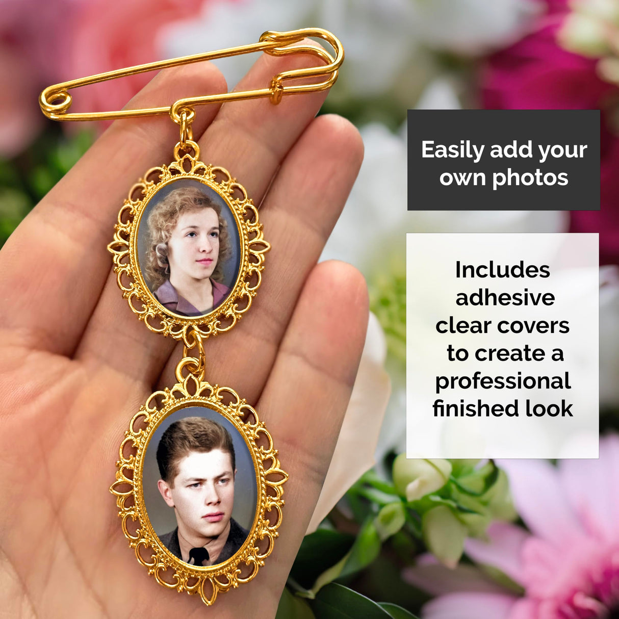 Wedding Bouquet Memorial Remembrance Photo Charm Gold Holds 2 Pictures