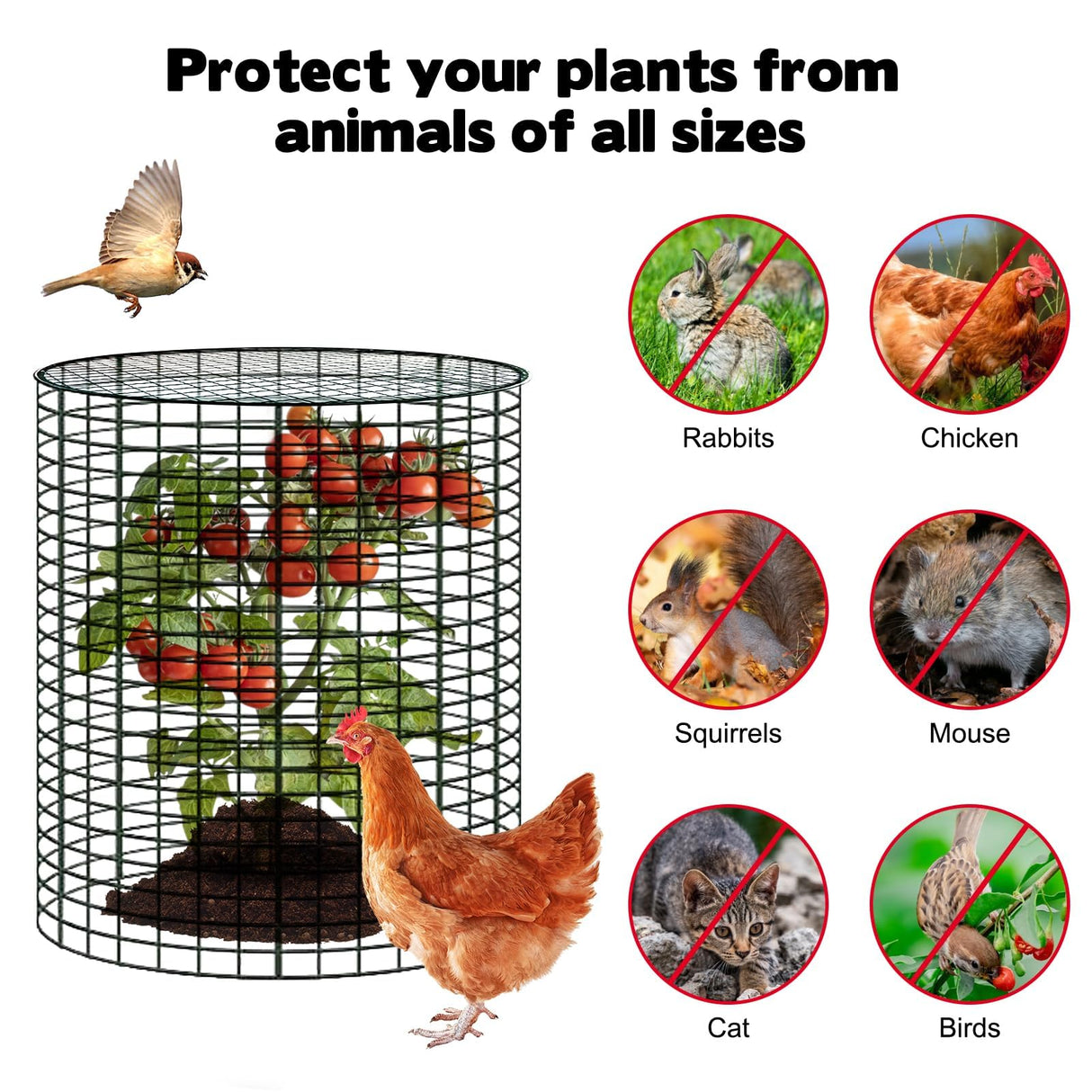6 Sets of 24'' x 12'' Garden Plant Protectors from Animals with Detachable Covers, Metal Plant Cage Chicken Wire Cloche with Ground Stakes and Nylon Tie, Wire Plant Cage to Keeping Bunny Animals Out
