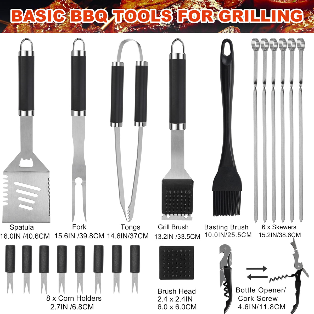 Grilljoy BBQ Accessories Grill Tools Set - 22PCS Stainless Steel Barbecue Grill Accessories for Outdoor Grill with Black Aluminum Case - Christmas Grilling Gifts for Men & Dad -Grill Tools Kit