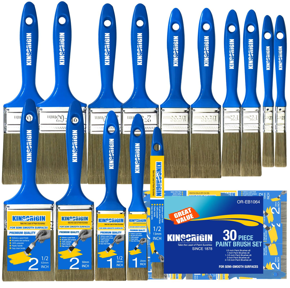 King Origin Versatile Paint Brush Set, 30 Pack, 5 Sizes Paint Brushes (0.5" 1" 1.5" 2" 2.5"), Small Paint Brushes for Walls, Furniture, Crafts - Detailed Painting & Larger Surface Coverage