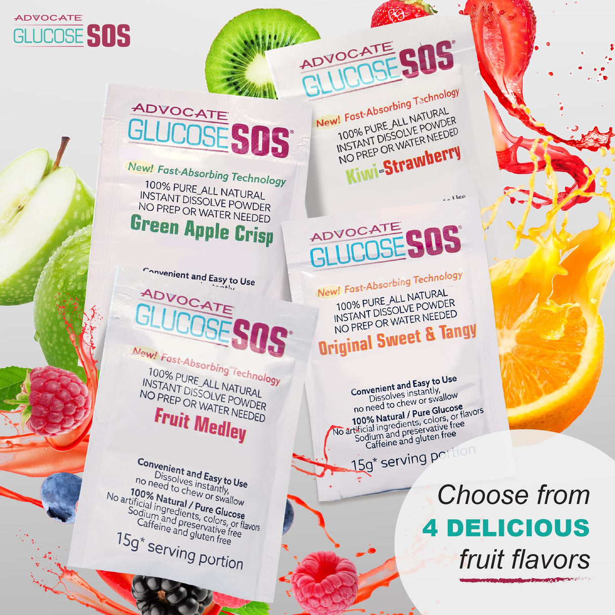 Glucose SOS Glucose Powder Packets with Natural Dextrose, Fast-Absorption That Instantly Dissolves in Your Mouth with No Water Needed, Green Apple Crisp 12 Servings
