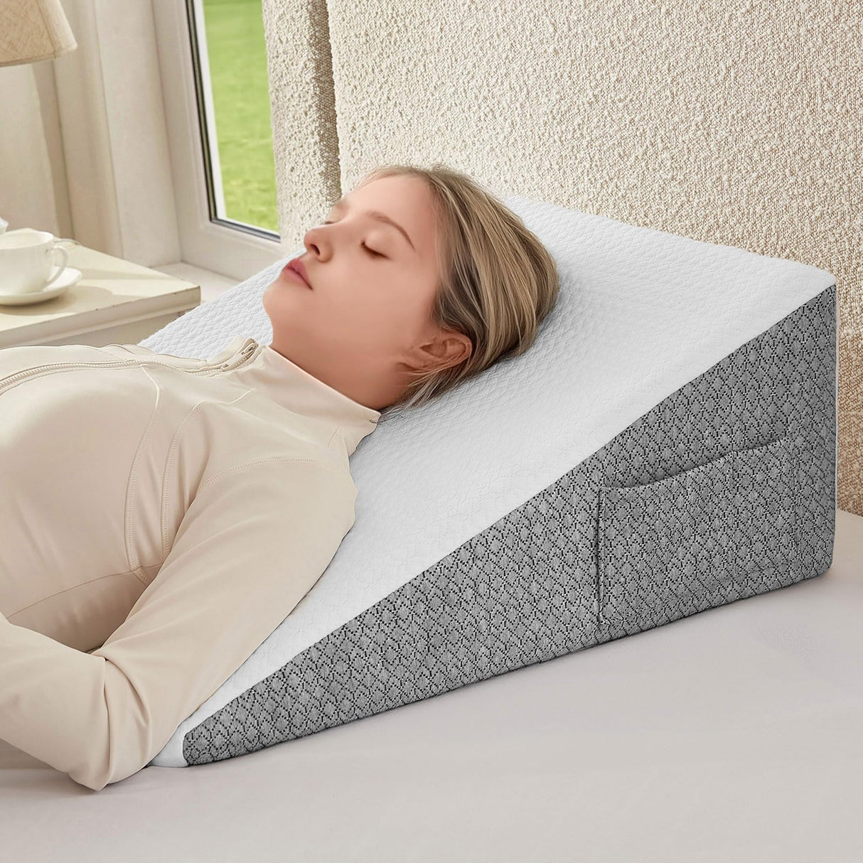 Nordjager Wedge Pillow for Sleeping & Resting, 24"x24"x10" Memory Foam Cushion with Grey and White Patterned Polyester Cover, Ideal for Bedroom & Living Room – Comfortable Support for Adults