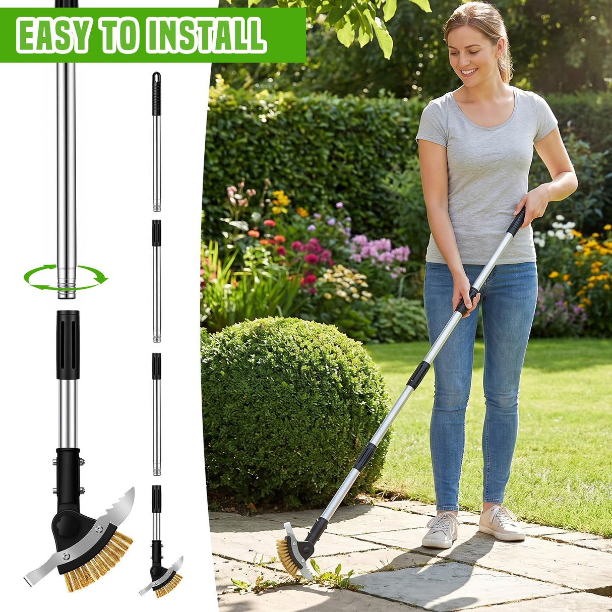 Hysagtek Crack Weeder Long Handle - 3-in-1 Adjustable Crevice Cleaning Brush with 2 Scrapers, Durable Manual Stainless Steel Weed Puller Tool for Driveway Patio Sidewalk Garden Lawn