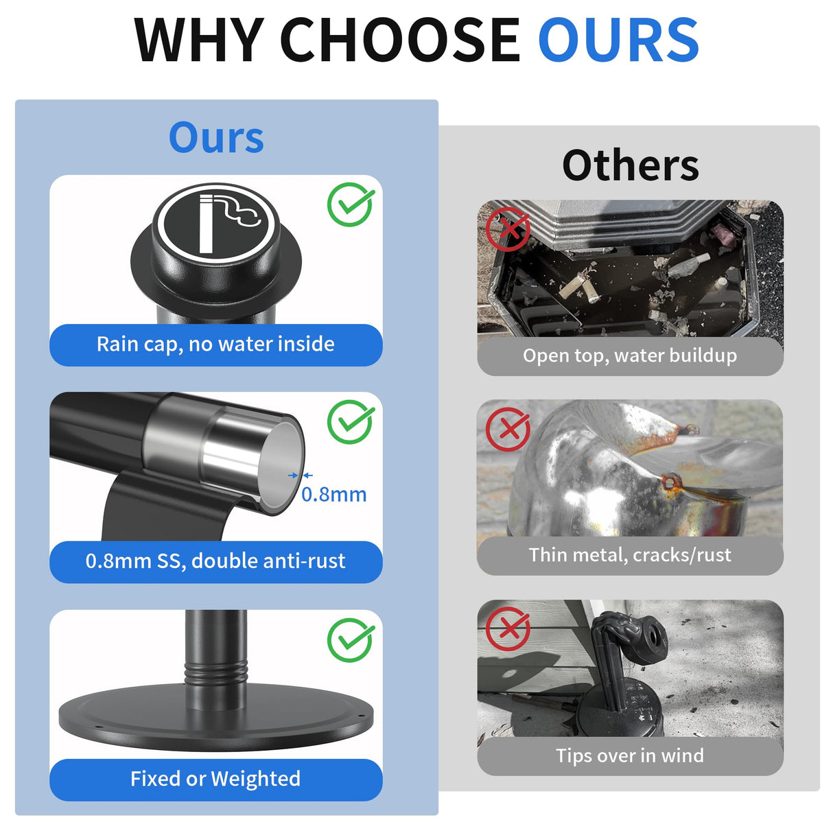 Scisum Cigarette Butt Disposal Outdoor and Indoor - 50" Waterproof Outdoor Ashtrays with Top Rain Cap - 2" Diameter Stainless Steel Standing Ashtray for Smokers Outside Patio, Home