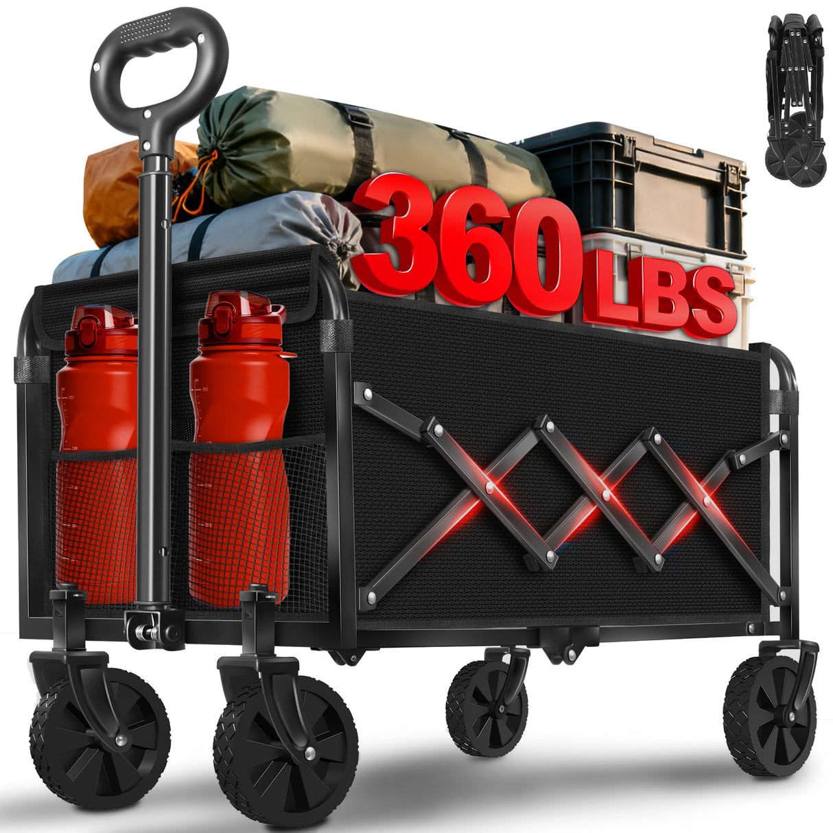 Wagons Carts Foldable,360 lbs Collapsible Wagon with Wheels Foldable Wagon Cart with Flexible Handle,Lightweight Portable Folding Cart for Camping Beach Picinic Grocery Outdoor Sports Shopping(Black)