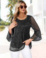 Bebonnie Holiday Outfits for Women 2025: Women's Long Sleeve Fall Winter Fashion Elegant Sparkly Sequin Casual Dressy Shirts Fancy Cute Mesh Blouses Christmas Flowy Tunic Tops Black SilverXL