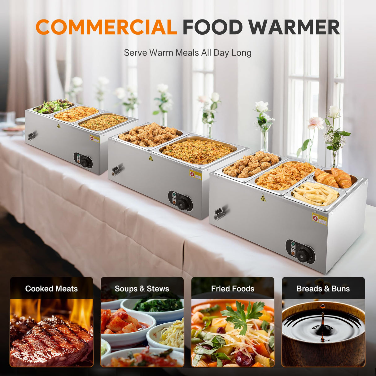 WILPREP Commercial Food Warmer with Two 1/3 & Two 1/6 Pans, 1500W Countertop Electric Warmer, 86-185°F Adjustable Temp Control, Stainless Steel Buffet Bain Marie