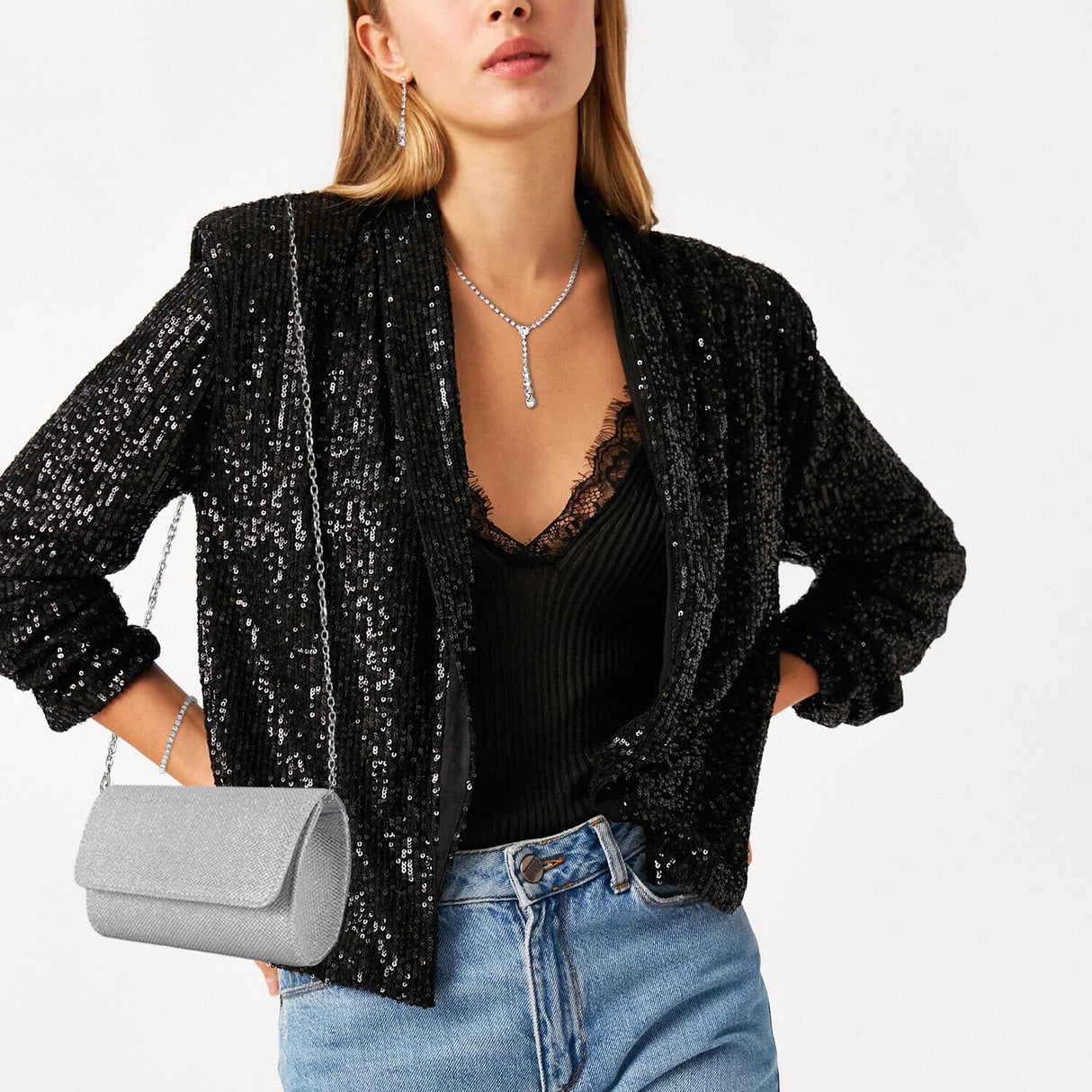 FEYIR Clutch Purse Jewelry Set for Women Evening Bags Rhinestone Crystal Necklace Earrings Bracelet Set Formal Wedding Bridal Accessories Jewelry for Prom