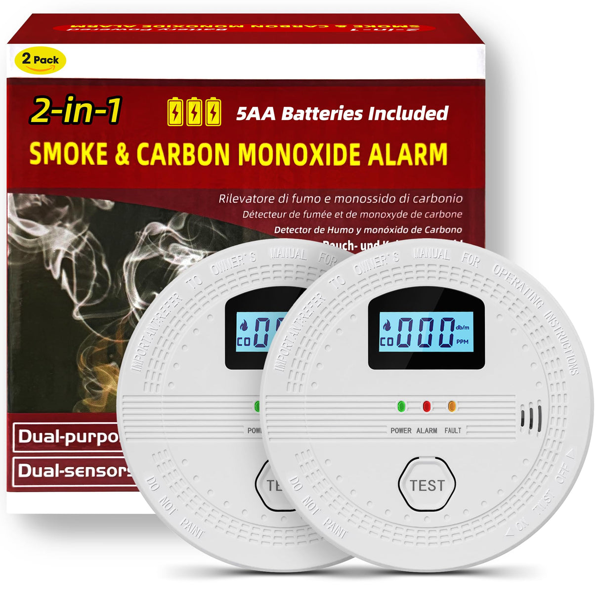 2 Pack Carbon Monoxide and Smoke Detectors,10-Year Battery Operated Carbon Monoxide Smoke Detector Combo with Test Button and LCD Display, Fire Alarm Smoke Detector for Home, Travel, Office