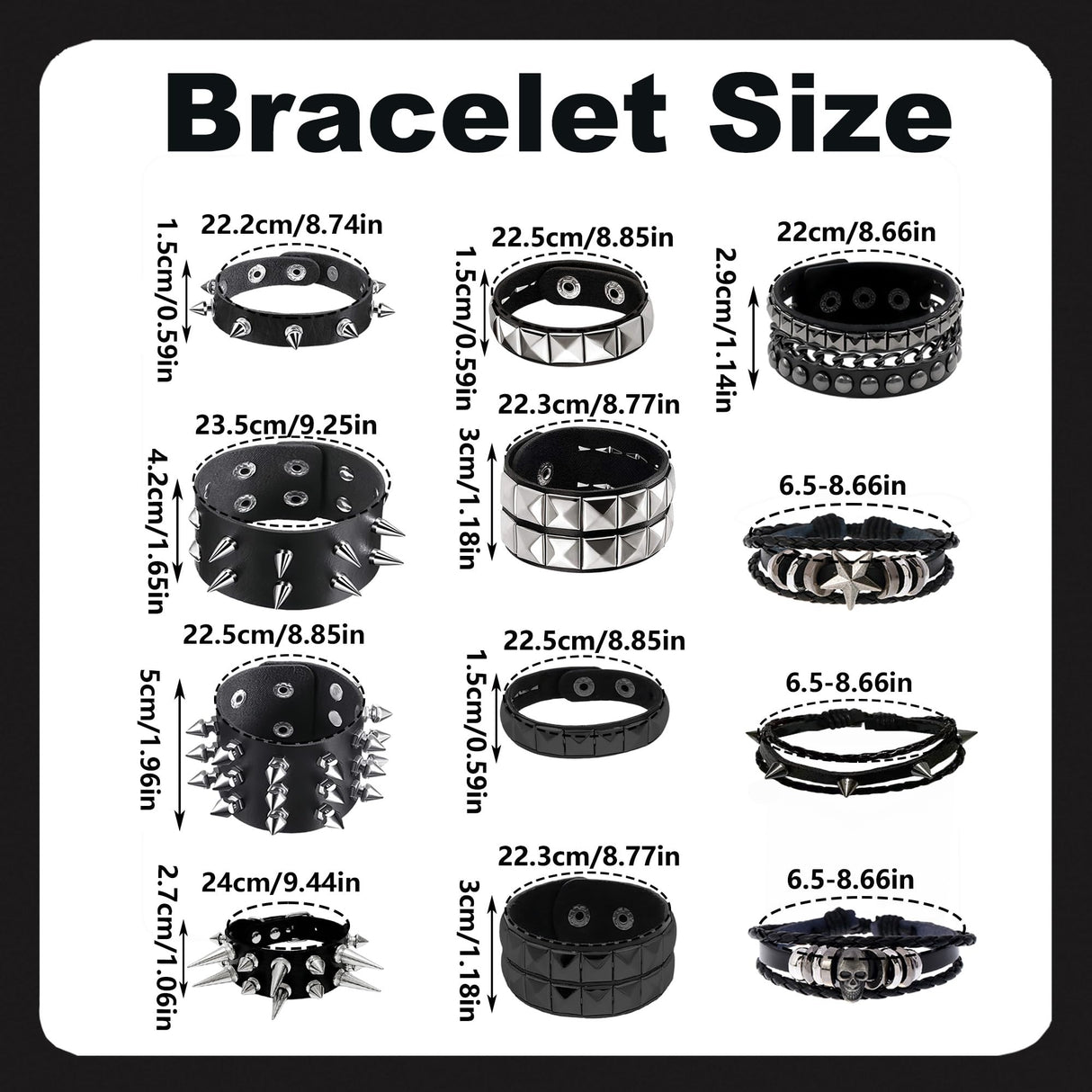 YMO 12 Pieces Spiked Bracelets, Studded Bracelet Emo Bracelets Black Leather Cuff Rivet Gothic Goth Punk Bracelet Punk Accessories for Women Men