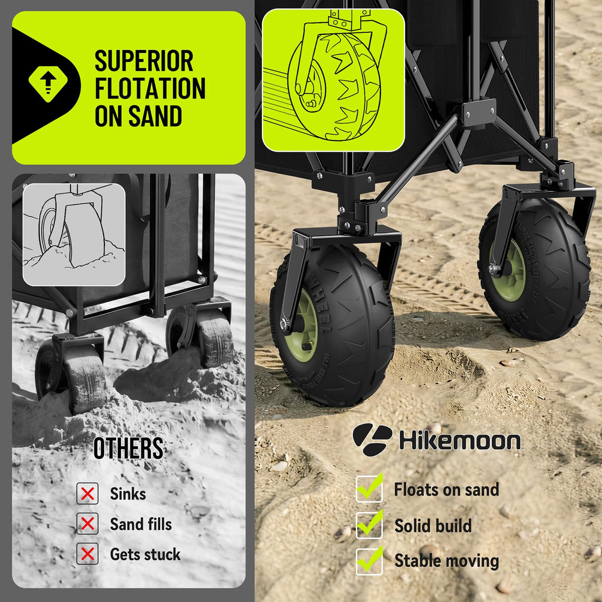 HIKEMOON 400L Large Beach Collapsible Wagon with Balloon Wheels, Black