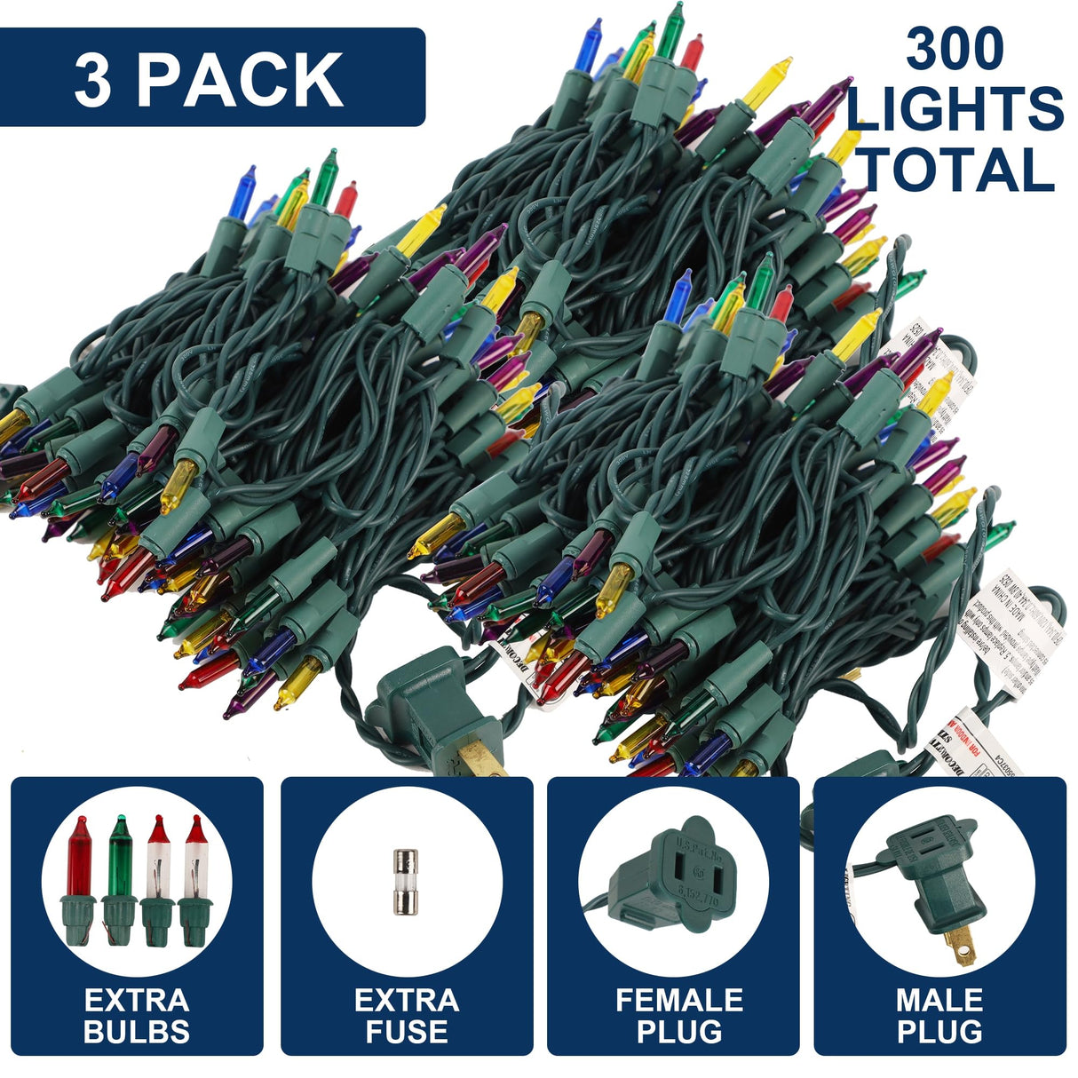 Watereem 3 Pack Multicolor Christmas String Lights, 100 Count Each, Incandescent Mini Christmas Lights, Connectable Xmas Tree Light for Indoor Outdoor Garland Birthday Holiday Wedding Festival Party