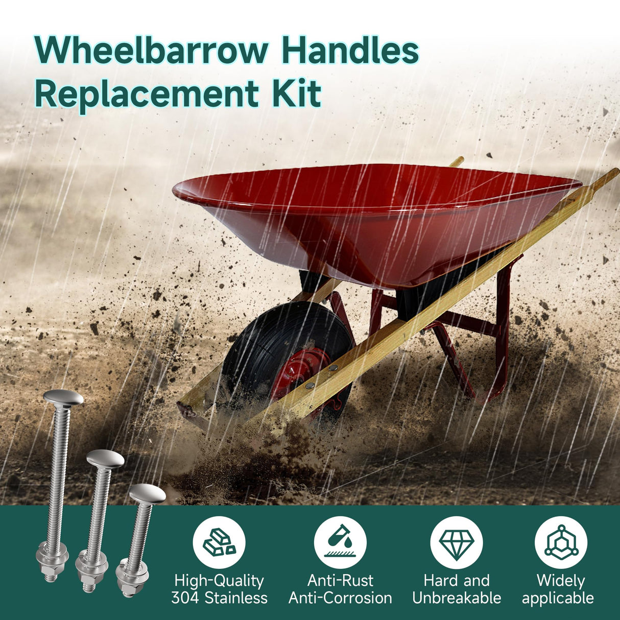 AIYOTAR 14Pcs Wheelbarrow Handles Replacement Kit, 304 Stainless Steel Wheel Barrow Handles Replacement Bolts Ultra Sturdy, Wheelbarrow Carriage Bolt Nut, Round Head Square Neck Bolt for Furniture