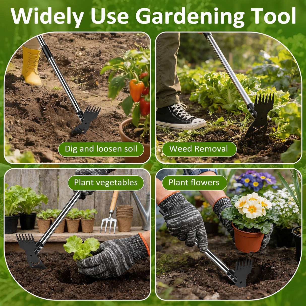 Weed Puller Tool with Long Handle - Adjustable Length Manual Weeder Remover Tool, 2 in 1 Hand Weed Rake and Garden Hoe for Gardening, Uprooting Weeding Tool for Yard, Lawn, Patio, Garden