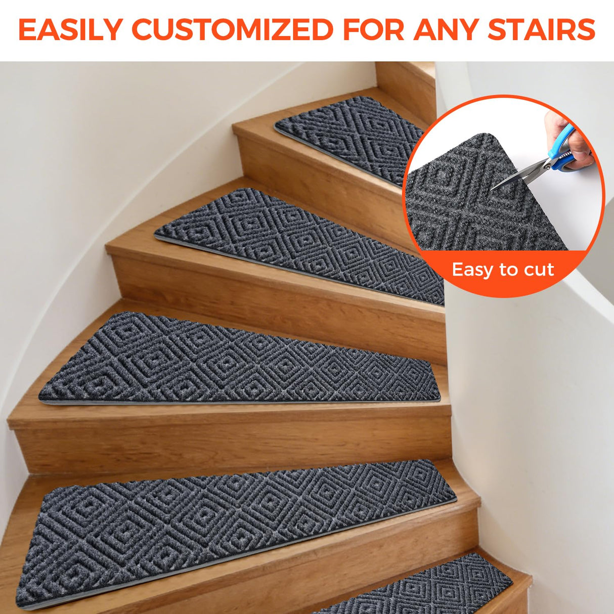 BAGAIL 15 Pack Non-Slip Stair Treads for Wooden Steps, 8"x30" Peel and Stick Carpet Stair Runners, Machine Washable Indoor Step Covers with No-Residue Adhesive for Dogs, Kids & Elderly - Dark Gray