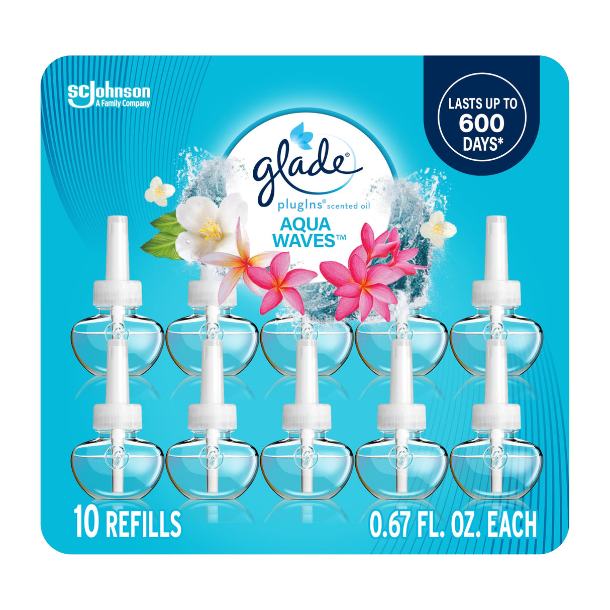 Glade PlugIns Scented Oil 10 Refills, Air Freshener, Aqua Waves, 10 x 0.67 oz, Packaging May Vary