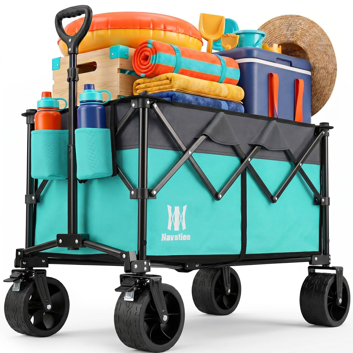 Navatiee 330Lbs Collapsible Folding Wagon, Beach Wagon Cart Heavy Duty Foldable with Big Wheels, Utility Grocery Wagon with 165L Large Capacity for Camping Garden Sports, Light Blue