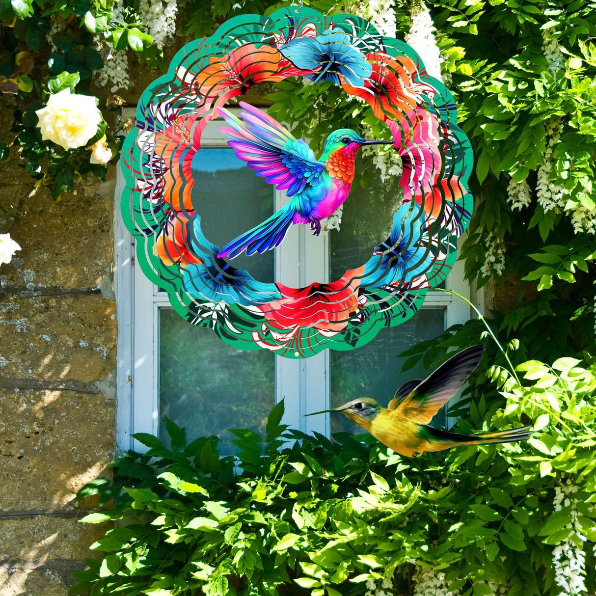 Hummingbird Wind Spinners Hanging Outdoor Decor, 12 Inch 3D Kinetic Yard Art Hummingbird Metal Sculpture Birthday Gifts for Bird Lovers, Mom, Women for Yard, Garden