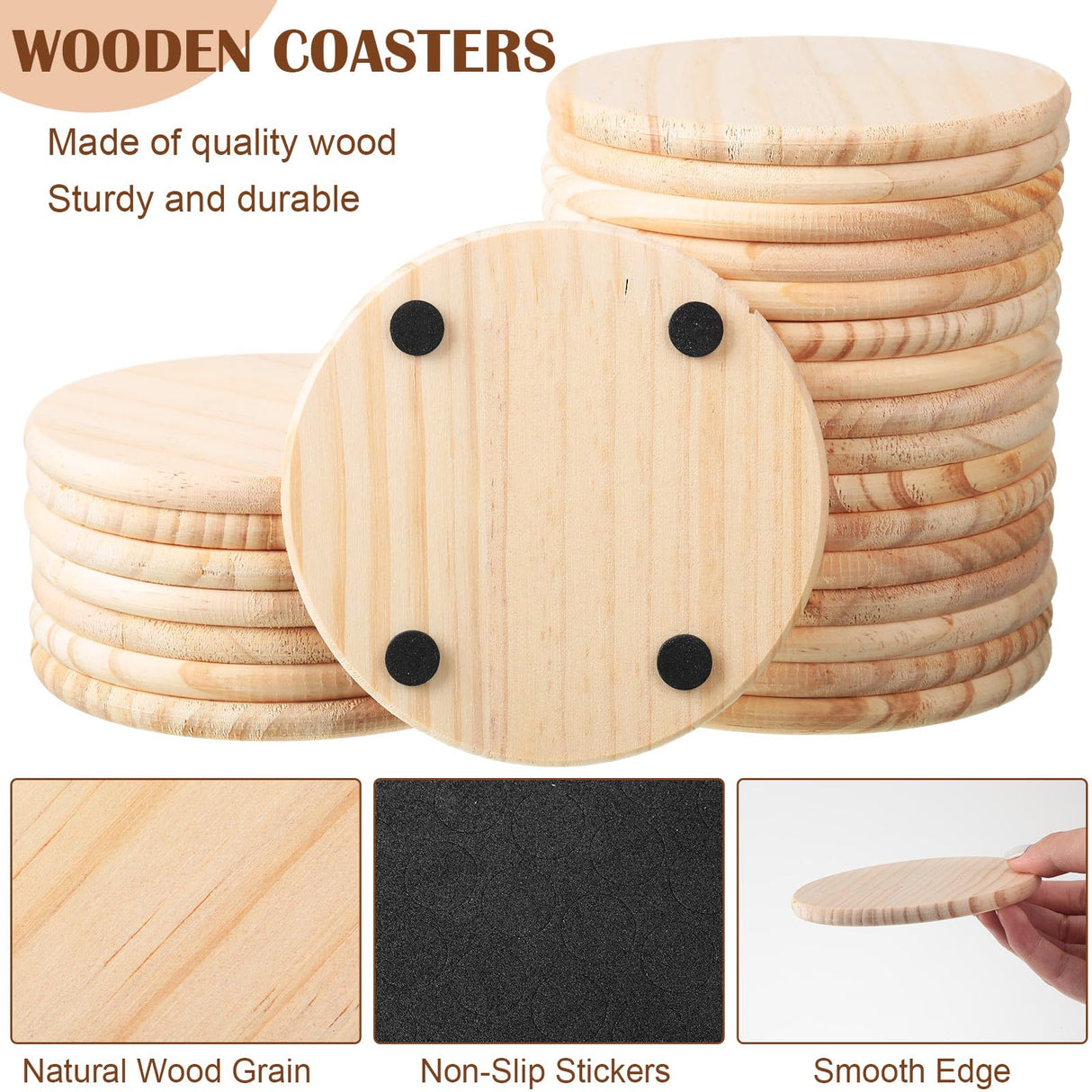 Hushee 96 Pcs Unfinished Wood Coasters 4 Inch Blank Wooden Coasters for Crafts with Non Slip Foam Pad Stickers Wooden Craft Tabletop Protection for Christmas DIY Painting Engraving Home Decoration