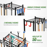Sttoraboks Garden Tool Organizer Rack Up to 50 Tools, Heavy-Duty Steel Yard Tool Organizer for Garage Storage with 11 Hooks, Broom Holder & Garden Tool Rack for Shed, Patio, Outdoor Use, Black