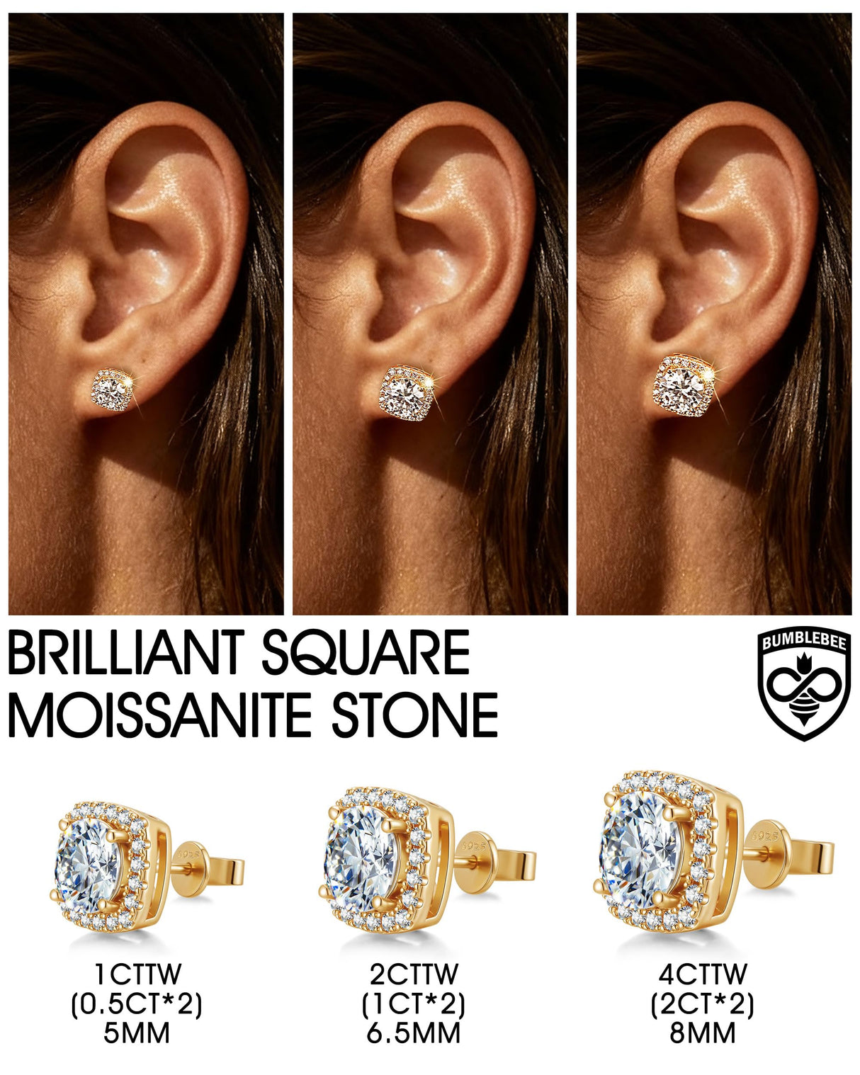 BUMBLEBEE Handmade 925 Sterling Silver Moissanite Studs Earrings for Men