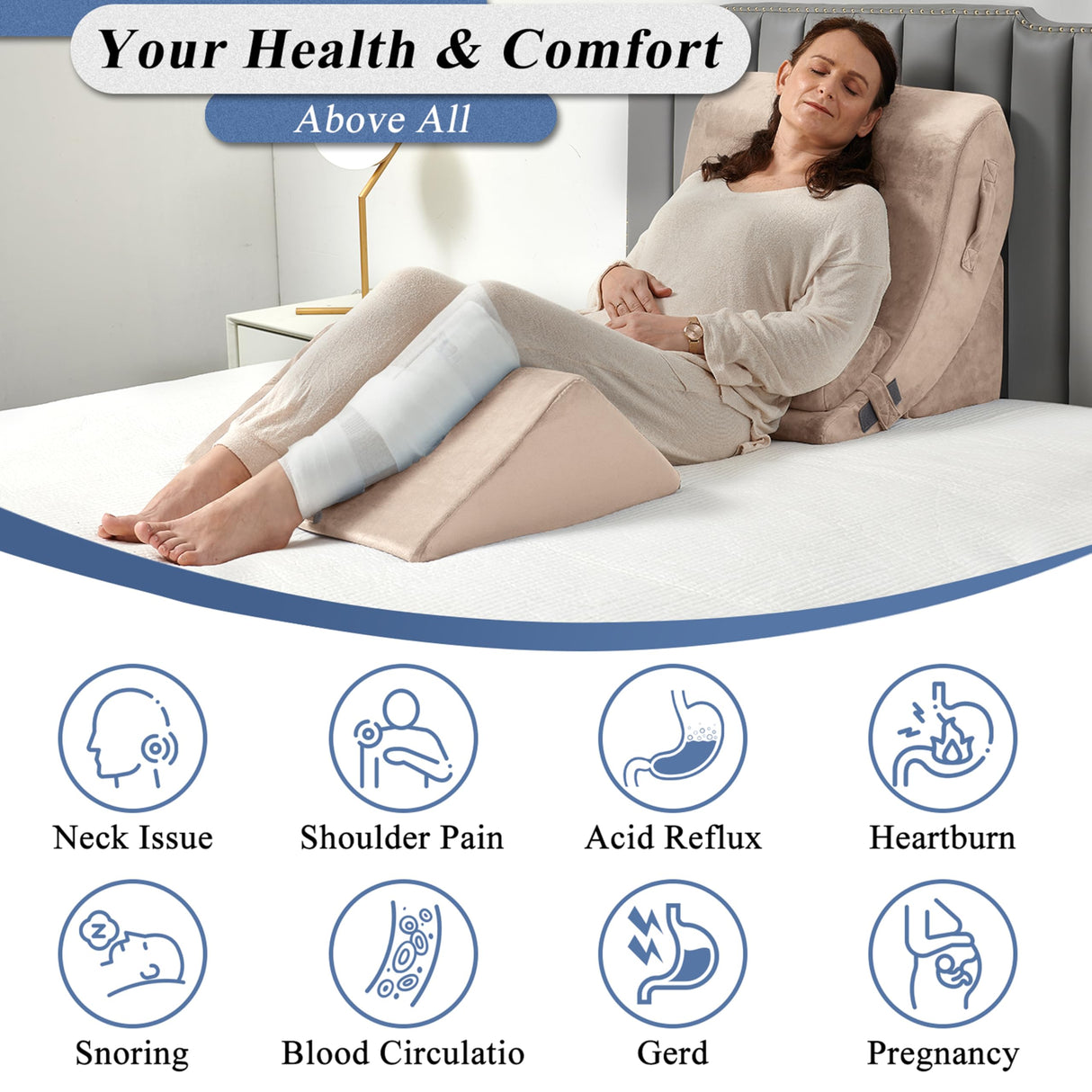 Axelrod 4PCS Orthopedic Bed Wedge Pillow Set, Post Surgery Foam for Back, Neck and Leg Pain Relief Comfortable & Adjustable Pillows- Anti Snoring, Heartburn, Acid Reflux & GERD Sleeping Light Brown