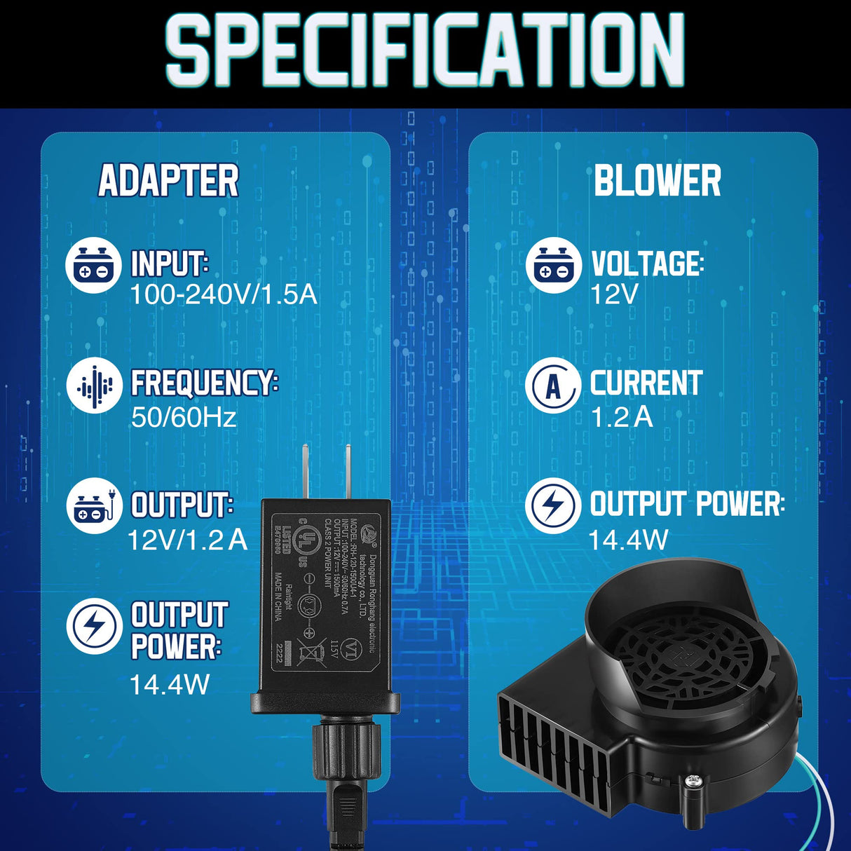 Hiboom Replacement Fan Blower, 12V 1.2A Mini Air Blower with 3 LED Light String for Inflatables Indoor Outdoor, 12V 1.5A Adapter for Christmas Xmas Holiday Inflatables Fan Blower (1 Set)