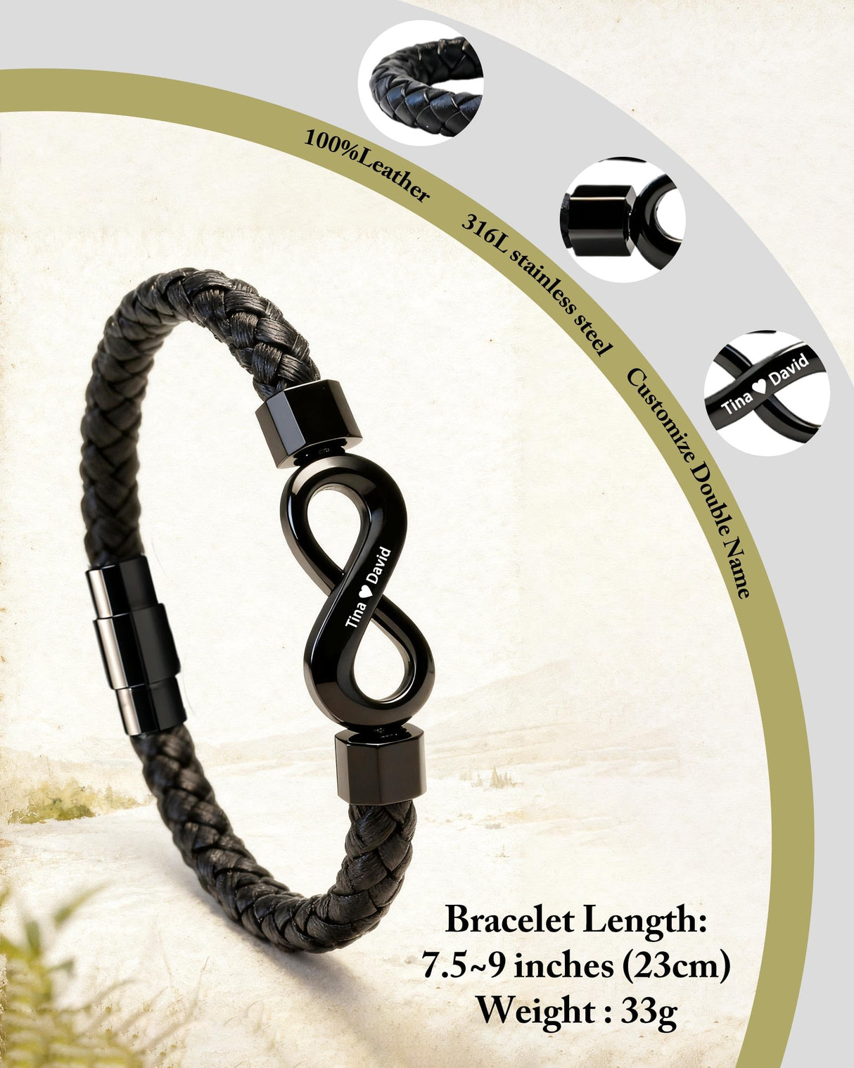 ziella To My Husband Bracelet,Dual Name Infinity Leather Bracelet,Personalized Custom Name Stainless Steel Bracelet Holiday Birthday for Him (9inch, 9inch)