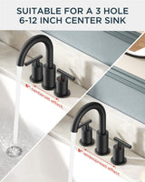 FORIOUS Black Bathroom Faucet 3 Hole, 8 Inch Matte Black Bathroom Sink Faucet Widespread with 360° Swivel Spout, Suitable for 6-12 Inch Vanity Sink, with Pop-up Drain and cUPC Supply Line